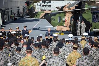 US Vice President Joe Biden addresses Australian Defence Force personnel on board HMAS Adelaide at the Garden Island Naval Base in Sydney, July 2016. 